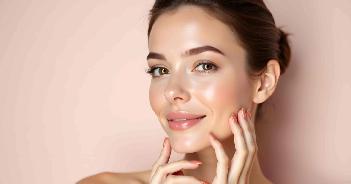 Young woman with glowing, flawless skin smiling after Hydrodermabrasion in Meridian, ID, against a soft pink background